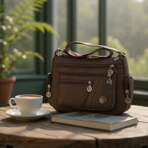 🆕️Waterproof Brown Nylon Crossbody Bag With 7 Zippered Pockets Travel Ready